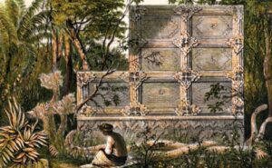 Lukisan reruntuhan Candi di Keraton Macan Putih, oleh Johannes Muller, tahun 1859, terdapat patung ular mirip Kepala manusia bermahkota
