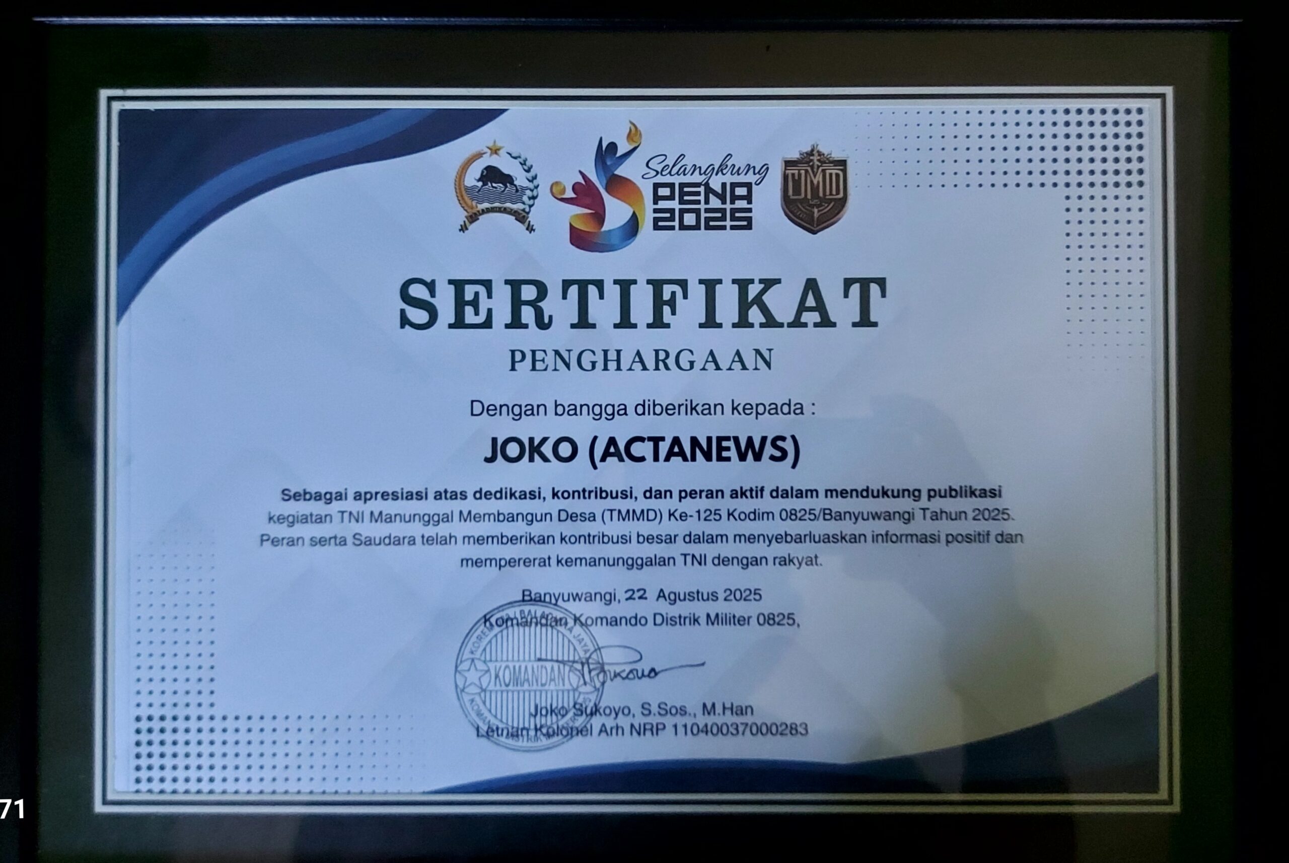 Sertifikat penghargaan dari kodim 0825/Banyuwangi kepada media Actanews.id