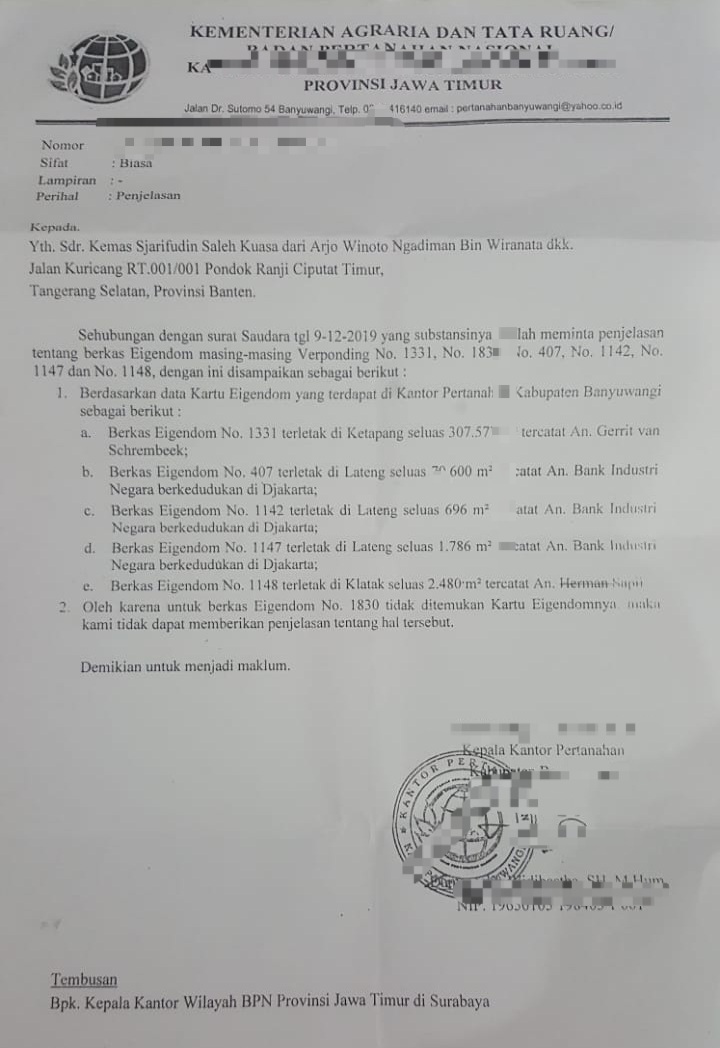Surat keterangan tanah dari Kanntor ATR/BPN dengan nomor Eigendom 