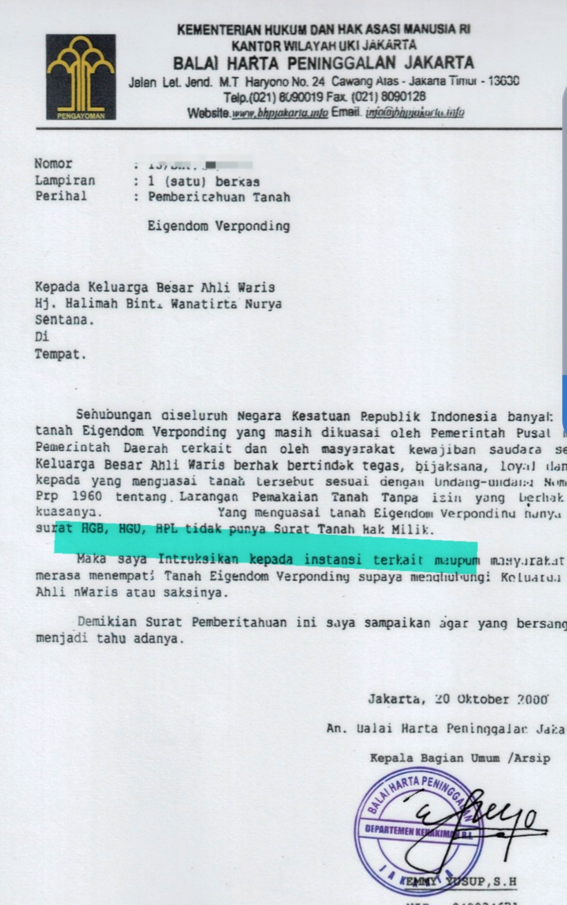Surat dari Balai Harta Peninggalan yang menegaskan agar ahli waris untuk mengurus hak eigendom verpondiing an.WANATIRTA NURYA SENTANA
