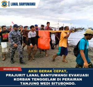 Aksi Gerak Cepat, Prajurit Lanal Banyuwangi Evakuasi Korban Tenggelam di Perairan Tanjung Wedi Situbondo